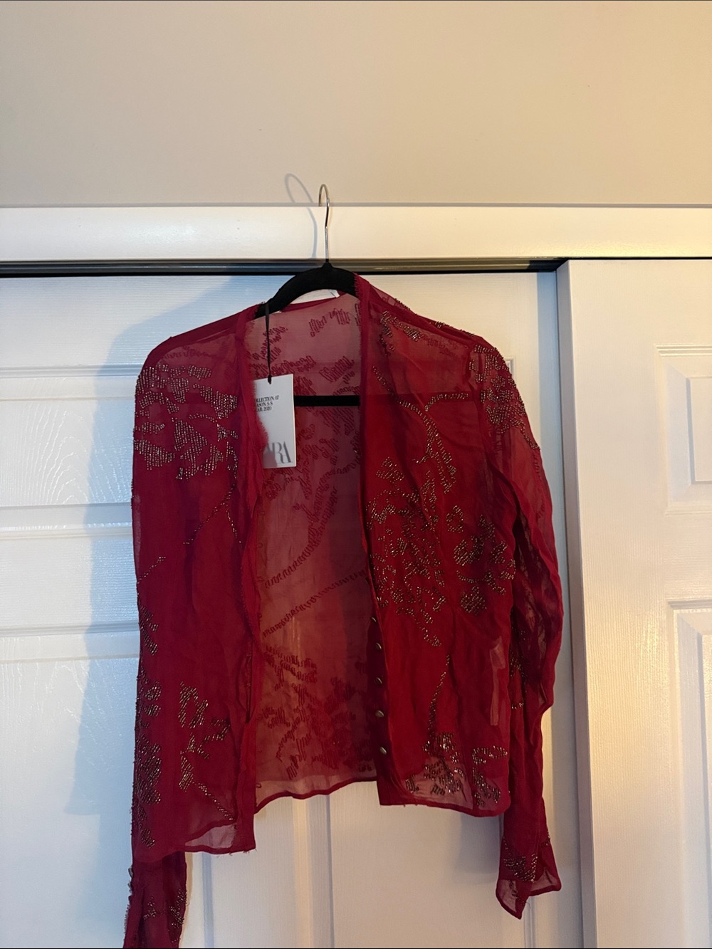 Zara Red Sheer Button-Down Top with Metallic Beading